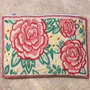 Floral Embroidered Clutch - Red and Green